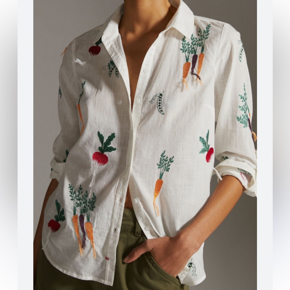 Anthropologie White Button-Down Shirt with Colorful Vegetable Embroidery